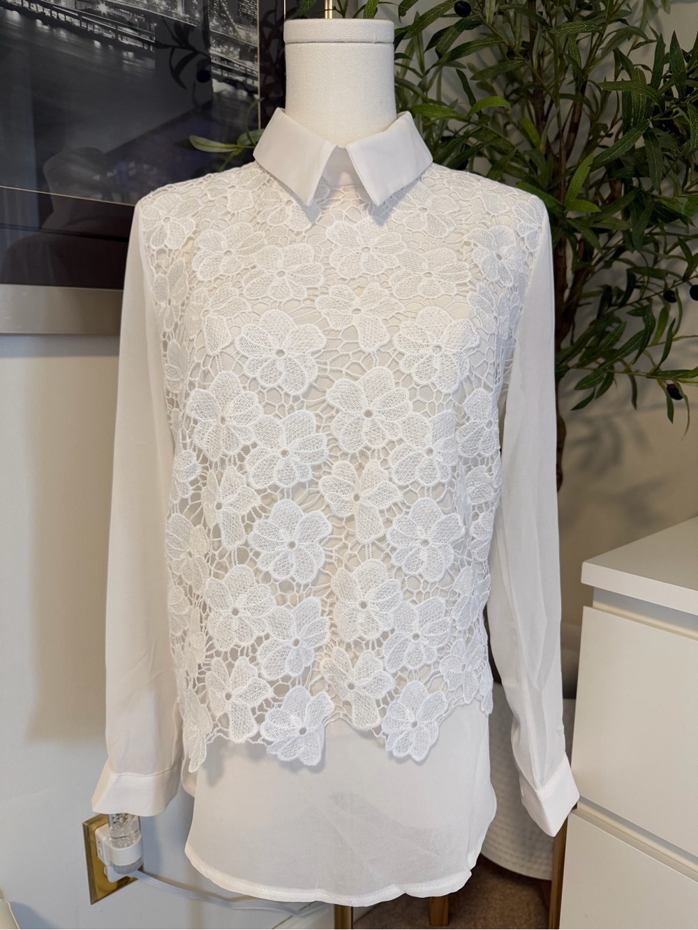 White Floral Lace Overlay Collared Long Sleeve Blouse
